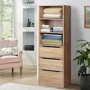 [ALFORDSON] Wardrobe Cabinet with Sliding Drawers and Adjustable Shelves Wood Color, Compact Wooden Closet 50.5X 40x 160 cm, Dresser Clothing Organizer Clothes Storage Cupboard for Bedroom Living Room