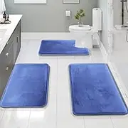 Clara Clark 3 Piece Bathroom Rugs Bath Mat Set, Velvet Memory Foam Bath Mats for Bathroom - Non-Slip, PVC Backing Bath Rugs, Washable Bathroom Rug Mats - Dries Quickly, Blue Bathroom Rug Set
