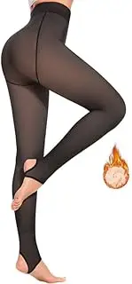 [Cavotor] Fleece Lined Tights for Women Thermal Tights Thick Warm High Waist Tummy Control Opaque Pantyhose (220g Fleece Stirrup-Translucent Black,XL)