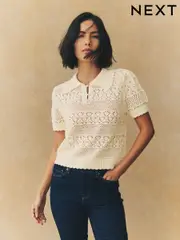 White Ecru Pearl-Effect Button Up Stitch Polo Top (AL7673) | $60