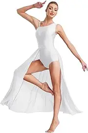 [Vxuxlje] Womens Sparkly Rhinestone Lyrical Dance Long Dress One Shoulder Split Tulle Skirted Leotard