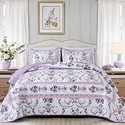 Anibedding Purple Queen Quilt Set, 3 Pieces Floral Pattern Quilts Bedspread with 2 Pillowcases, Soft Microfiber Lightweight Retro Bed Cover for All Season(Queen, 96"x90")