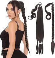 Long Braided Ponytail Extension with Elastic Tie Straight Wrap Around Hair Extensions Ponytail Long Ponytail Extension 82cm Hair Piece for Women Daily Use Brown