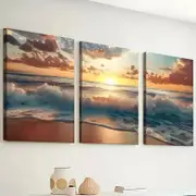 3 Set of Beach Sunset Sandy Beach Print 100% Australian Made 3 x 40x60cm (Stretched)