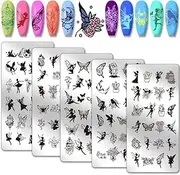 PH PandaHall 5 x Angel Fairy Nail Art Stencils, 120 Patterns Elf Butterfly Plant Nail Stamping Plate Nail Art Stencils Stainless Steel Nail Picture Plates for Nail Design Print Manicure Salon