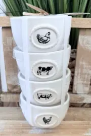 NEW RELEASE Rae Dunn “NEST GRAZE OINK CLUCK” Set Of 4 Icon Bowls Farm Ramekins