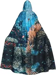 Coral Reef Print Elegant Hooded Cloak For Women Men For Cosplay Carnival Parties Masquerade Events, Black