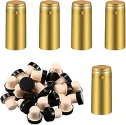 PVC Heat Shrink Capsules 25PCS Wine Bottle Corks 25PCS Wine Bottle Capsules Seals Shrink Caps Polymer Wine Bottle Corks Tops Stopper Cork Tops Tasting Corks (25PCS Capsules+25PCS Corks, Gold)