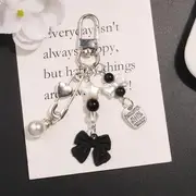Bow Faux Pearl Acrylic Alloy Bag Charm Keyring (Various Designs) Q1499-1 - Silver & Black - One Size