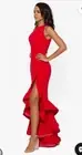 NWT BETSY & ADAM Size 4 High Slit Ruffle Halter Crepe Gown in Red