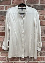 NWT Eileen Fisher Almond Satin Silk Mandarin Collar Long Shirt $278 XL