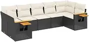 vidaxl 7 Piece Garden Sofa Set with Cushions - Black Poly Rattan Outdoor Modular Furniture Set with Foldable Side Table for Patio and Terrace - Durable and Weather-Resistant with Cream White Cushions