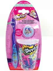 NIP Brush Buddies Shopkins Soft Toothbrush Rinsing Cup Rainbow Cap 3 Piece Set