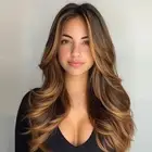 Highlight Brown Layered Wig With Curtain Bangs for Women Long Dark Brown Mixe...