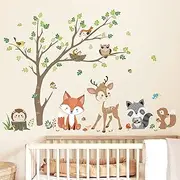 decalmile Woodland Animals Tree Wall Stickers Fox Deer Owl Wall Decals Baby Nursery Kids Bedroom Living Room Wall Decor,DM0936B