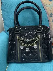 Betsey Johnson Sequin Purse High Sequency Satchel Bag Black Chains Charms