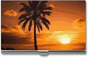 [VFMKT] Slim Metal Business Card Holder Portable Business Card Case Pocket Name Card Holder Palm Tree Sunset Wallet for Men Women Office Travel