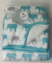 HTF NWT Carters Turquoise Aqua And White Elephant Velour Sherpa Baby Blanket