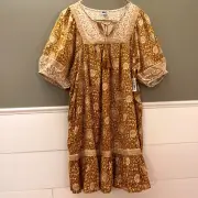 Old Navy Yellow NWT Dress Boho sz Med Short Peasant Mustard Medallion Floral