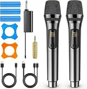 Wireless Microphones, Karaoke Microphone, UHF Wireless Dual Handheld Dynamic Microphone System with Rechargeable Mic and Receiver, Works 10-hour 200FT, 1/4"&1/8" Output, Plug and Play for Any Occasion