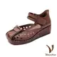 【Vecchio】真皮涼鞋坡跟涼鞋/全真皮頭層牛皮復古縷空手工縫線造型厚底坡跟涼鞋 棕