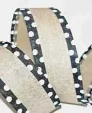 5 Yards Tan Black White Polka Dots 1 1/2" Wired Ribbon 5 Yds