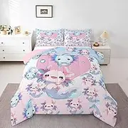 Cute Axolotl Bedding Set Full Size Cartoon Salamander Comforter Set for Kids Teens Adults Kawaii Ocean Sealife Duvet Quilt Light Pink Blue Room Decor 3Pcs with 2 Pillow Case All Season Soft