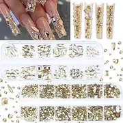 2120 Pcs Champagne Gold Crystal Nail Charms Rhinestones Round Beads Flatback Glass Gems Stones Multi Shapes Sizes Gold Rhinestones Nail Crystals for Nail DIY Crafts Clothes Shoes Jewelry