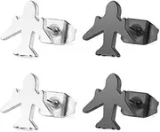 [MALOYANVE] 2 Pairs Tiny Airplane Stud Earrings for Men Women Personalized Small Simple Style Stainless Steel Silver Black Dainty Earrings for Girls Hypoallergenic Aircraft Earring Flight Attendant Best Gifts