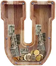 Large Piggy Bank for Kids Boys Girls, Personalized Wooden Letter Piggy Bank with Cut-Out Design, Alphabet Letter Coin Banks, Money Savings Box,Birthday Present for Kids Adults and Home Decoration (U)