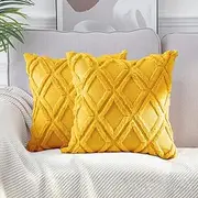 [CJWLKJ] 2Pcs Soft Faux Fur Throw Pillow Covers 18x18 - Plush Short Wool Velvet Decorative Pillow Covers - Couch Sofa Pillow Covers for Living Room - with 3D Pattern (Mustard Yellow)