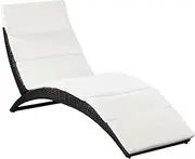 EVURU Folding Patio Chaise Lounge, Outdoor Sun Tanning Chair, Foldable Outdoor Chaise, Pool Lounge Chair, Patio Reclining Lounger with Cushion Poly Rattan Black
