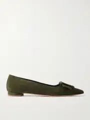 [Manolo Blahnik] Manolo Blahnik - Maysale Buckled Suede Point-toe Flats - Army green - IT37 IT 37 Green