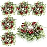 Lyrow 18 Pcs Christmas Candle Rings Wreath Norfolk Pine Garland Red Berry Pinecones Wreaths Artificial Berries Snowy Pine Garland Candle Ring Holder for Christmas Wedding Home Table Centerpiece