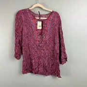 Stetson Womens Blouse Top Size LG Sheer Paisley Long Sleeves Rope Neck New Rayon