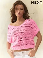 Pink Crochet Stitch V-Neck Short Sleeve 100% Cotton Top (AL7221) | $53