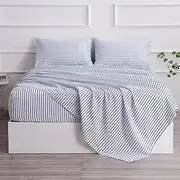 Queen Blue Striped Bed Sheet Set 4 Piece with 16-Inch Deep Pockets- Super Soft & Wrinkle Free Stripe Bed Sheets - Hotel Luxury Blue White Striped Pinstripe Bedding for All Season