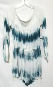 Billabong Sudden Moves Small Blue & White Tie Dye Off the Shoulder Shorts Romper