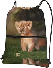 EdWal Art Lion Print Drawstring Backpack Gym Bags Sports Bags With Zipper Pocket For Travel Beach, Black, One Size