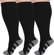 LOUSGUTA 3 Pack Plus Size Compression Socks for Women & Men 15-20 mmhg Wide Calf Support knee high Socks