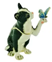 Black & white Cat with Blue Butterfly trinket box, jeweled & enameled, NIB
