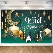 DuftGu Ramadan Backdrop Decorations Eid Mubarak Banner Green Polyester 70.8 x 47.2 Inch (Includes Banner & 20ft String)