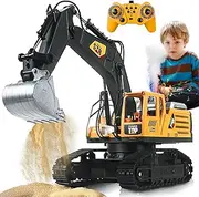FUYLEY Remote Controlled Excavator Toy for Boys, 14 Channel 2.4 GHz RC Excavator Metal Shovel with Spray Light Sound, RC Construction Toy 680° Rotation for Boys Gift