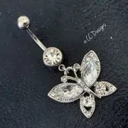14g white sparkle cz dangle white butterfly belly ring B528