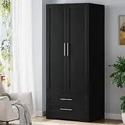 [ALFORDSON] Wardrobe Cabinet with 2 Sliding Drawers Black Color, 2-Door Wooden Closet 76x 50x 181 cm, Dresser Clothing Organizer Clothes Storage Cupboard for Bedroom Living Room