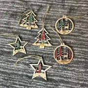 Wooden Christmas Tree Ornaments Wood Xmas Etched Pendants 6 Hanging Tree Star