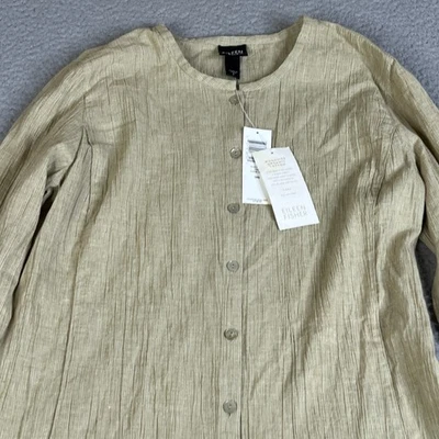 Eileen Fisher Tunic Blouse Women S Green Mandarin Collar Organic Cotton Crinkle