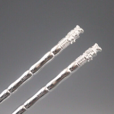 Real 999 Fine Silver Chopsticks Dragon Bamboo Shape Handle 8.27inch Health
