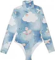 [Amooorous] Cartoon Blue and White Airplane Hot Air Balloon long sleeve Body Suits Shapewear Top Sexy Tops for Women Going Out Turtleneck Jumpsuit M, Cartoon Blue and White Airplane Hot Air Balloon