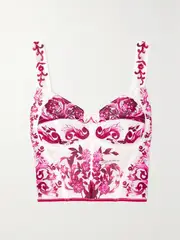 [Dolce & Gabbana] Dolce & Gabbana - Maiolica Floral-print Mesh Bustier Top - Pink - IT50 IT 50 Pink